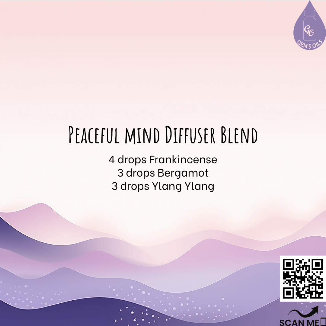 Peaceful Mind Diffuser Blend recipe. The QR code opens a link to purchase Frankincense, Bergamot & Ylang Ylang essential oils.
