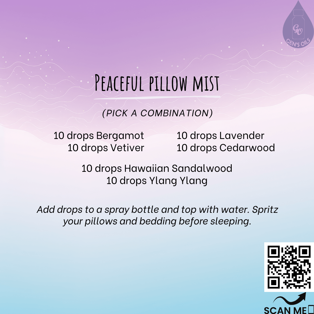 Peaceful Pillow Mist. The QR code opens a link to purchase some of the suggested essential oils.