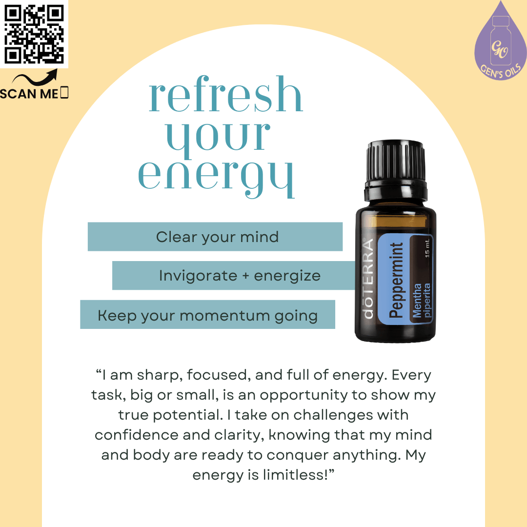 Peppermint: Refresh Your Energy affirmation. The QR code opens a link to purchase Peppermint essential oil.