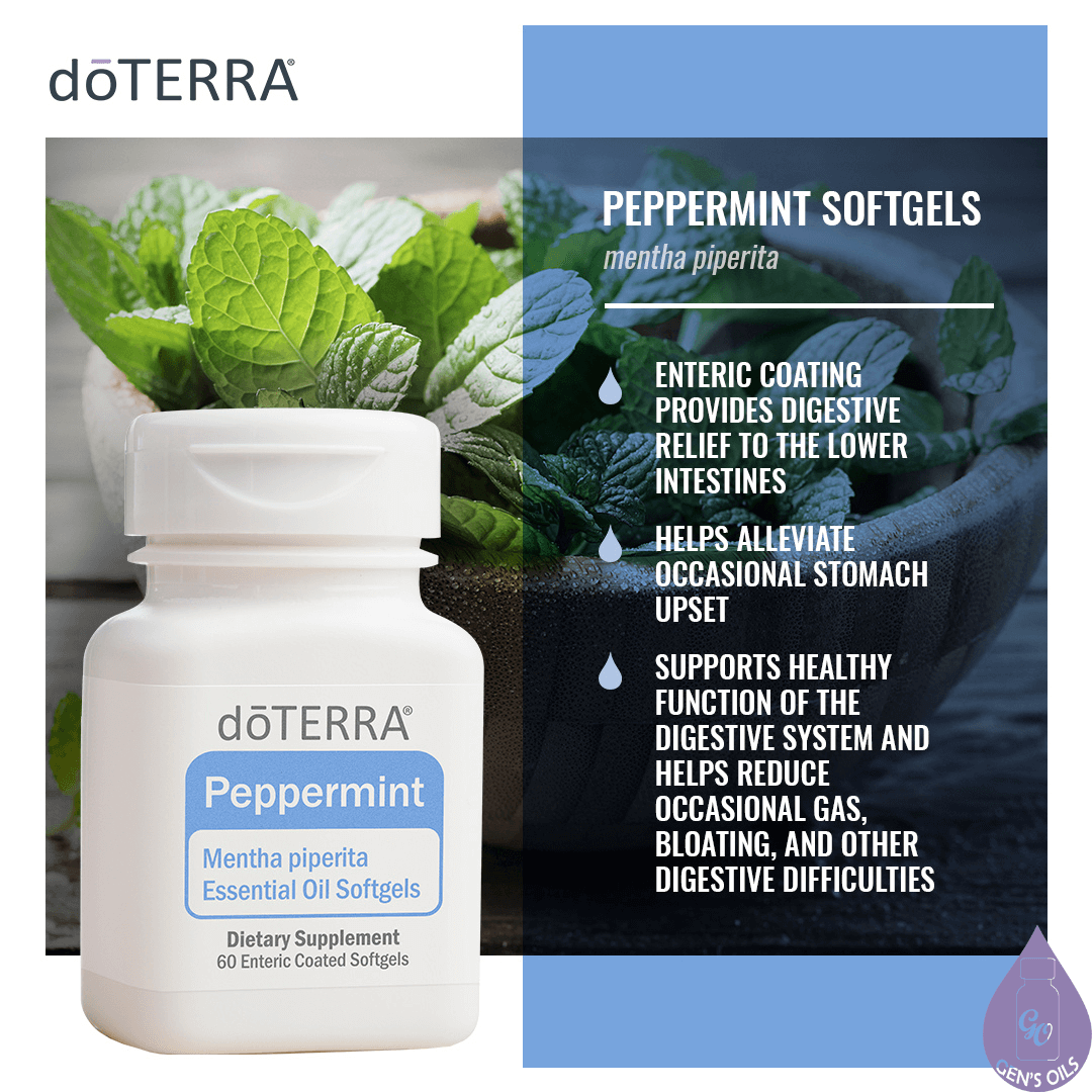 A bottle of Peppermint softgels with benefits.