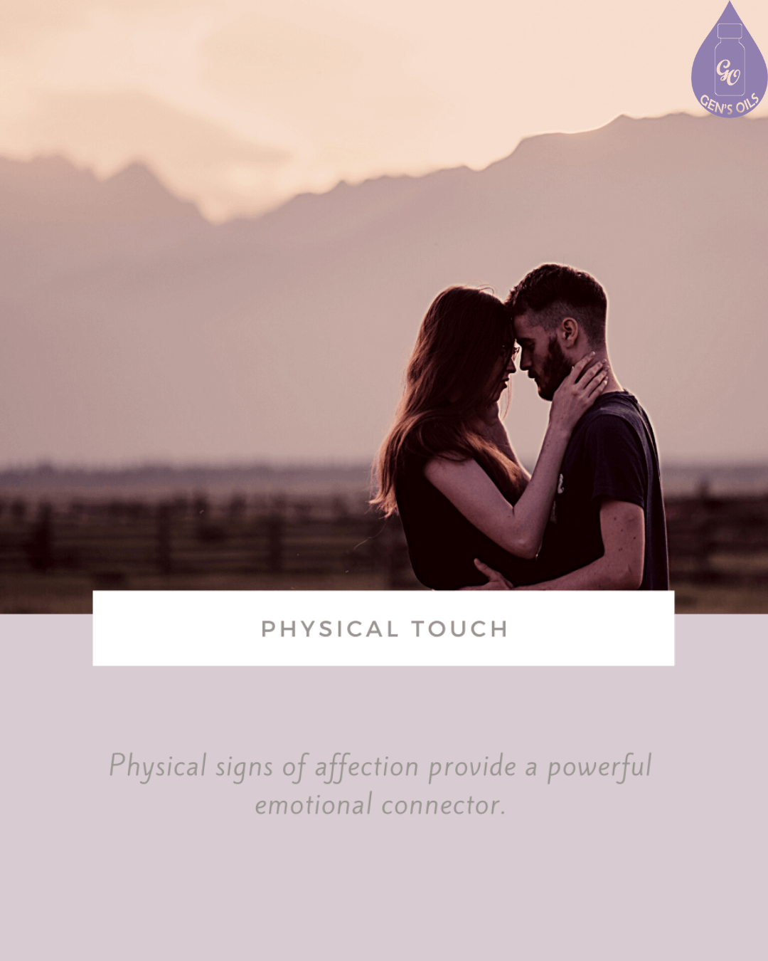 A couple embraces tenderly with their foreheads touching, silhouetted against a soft sunset and mountains.