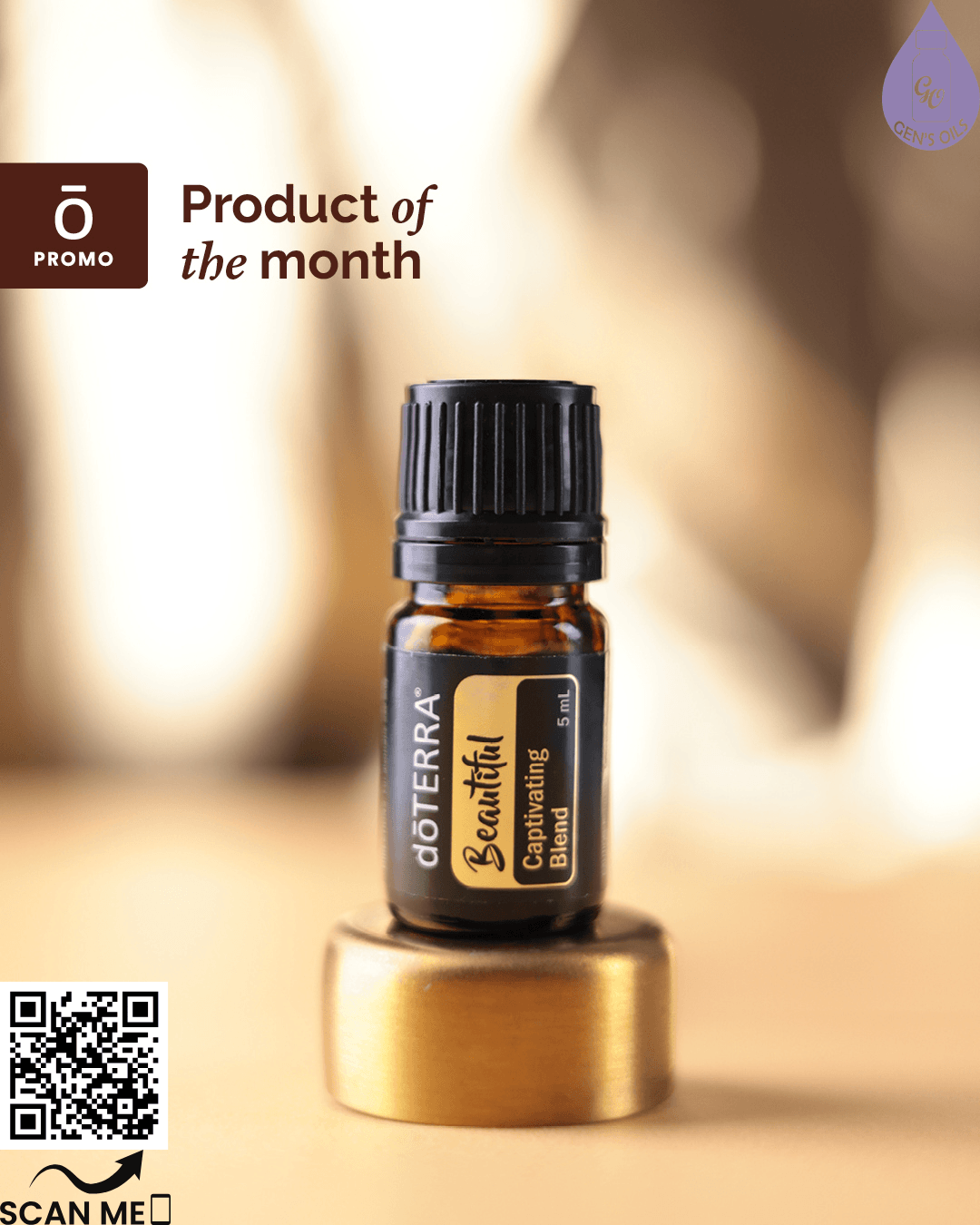 A small amber bottle of doTERRA Beautiful Captivating Blend essential oil sits on a golden pedestal, with the words "Product of the Month"