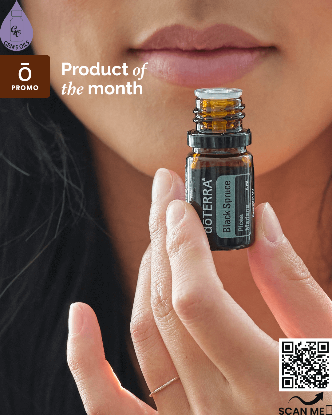 A woman holding the Product of the Month, Black Spruce 5mL.