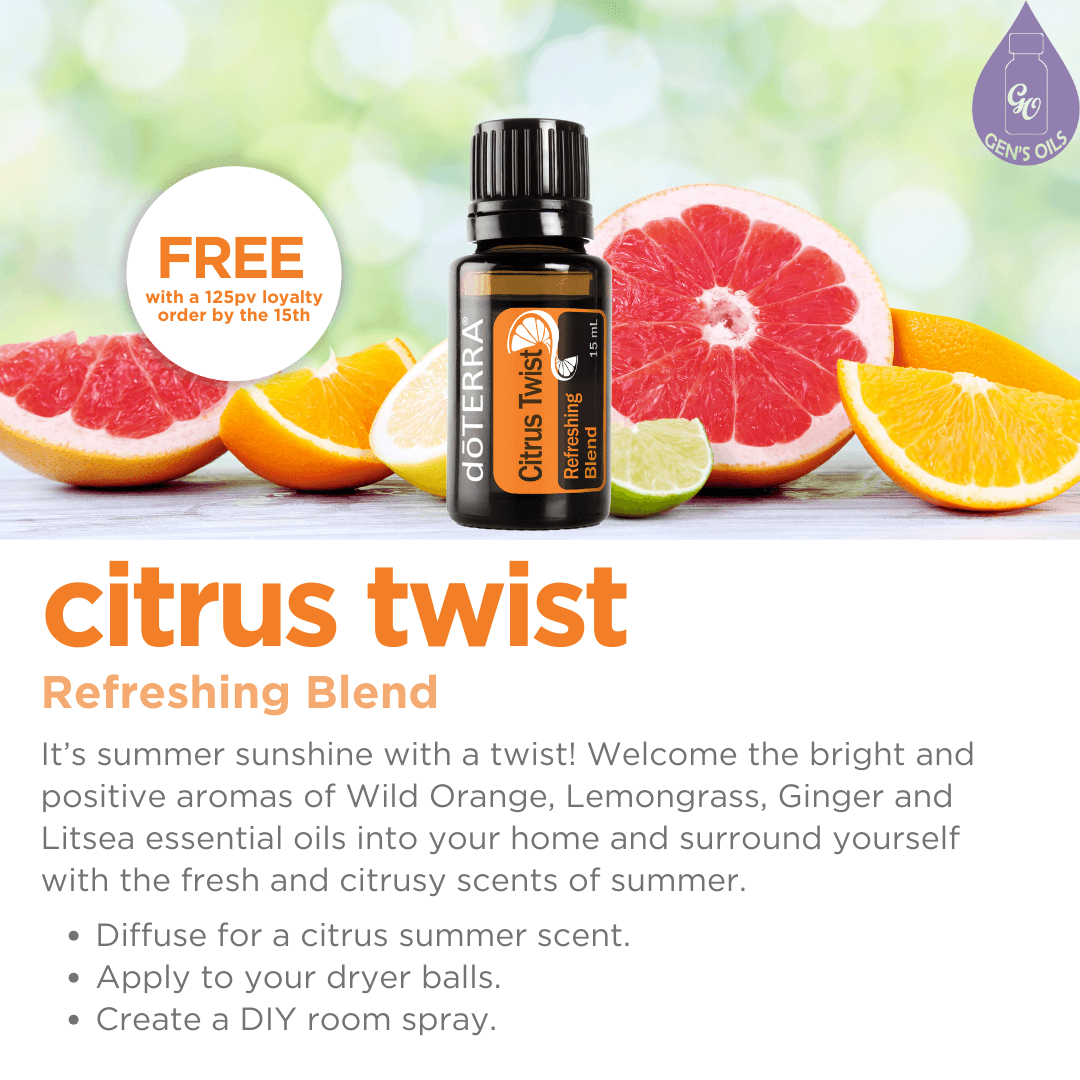 A bottle of Citrus Twist essential oil with slices of grapefruit & orange.