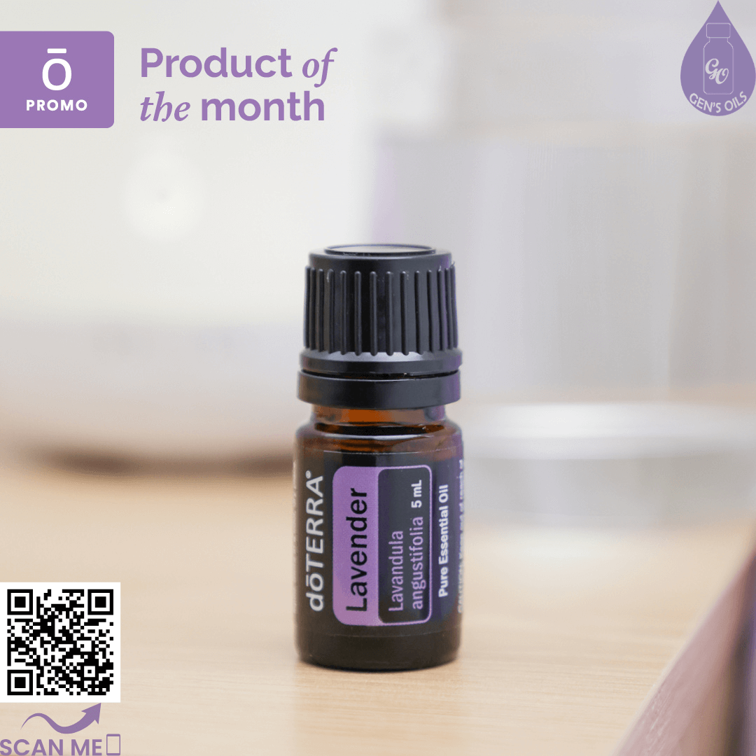A bottle of doTERRA Lavender pure essential oil, labeled as product of the month.