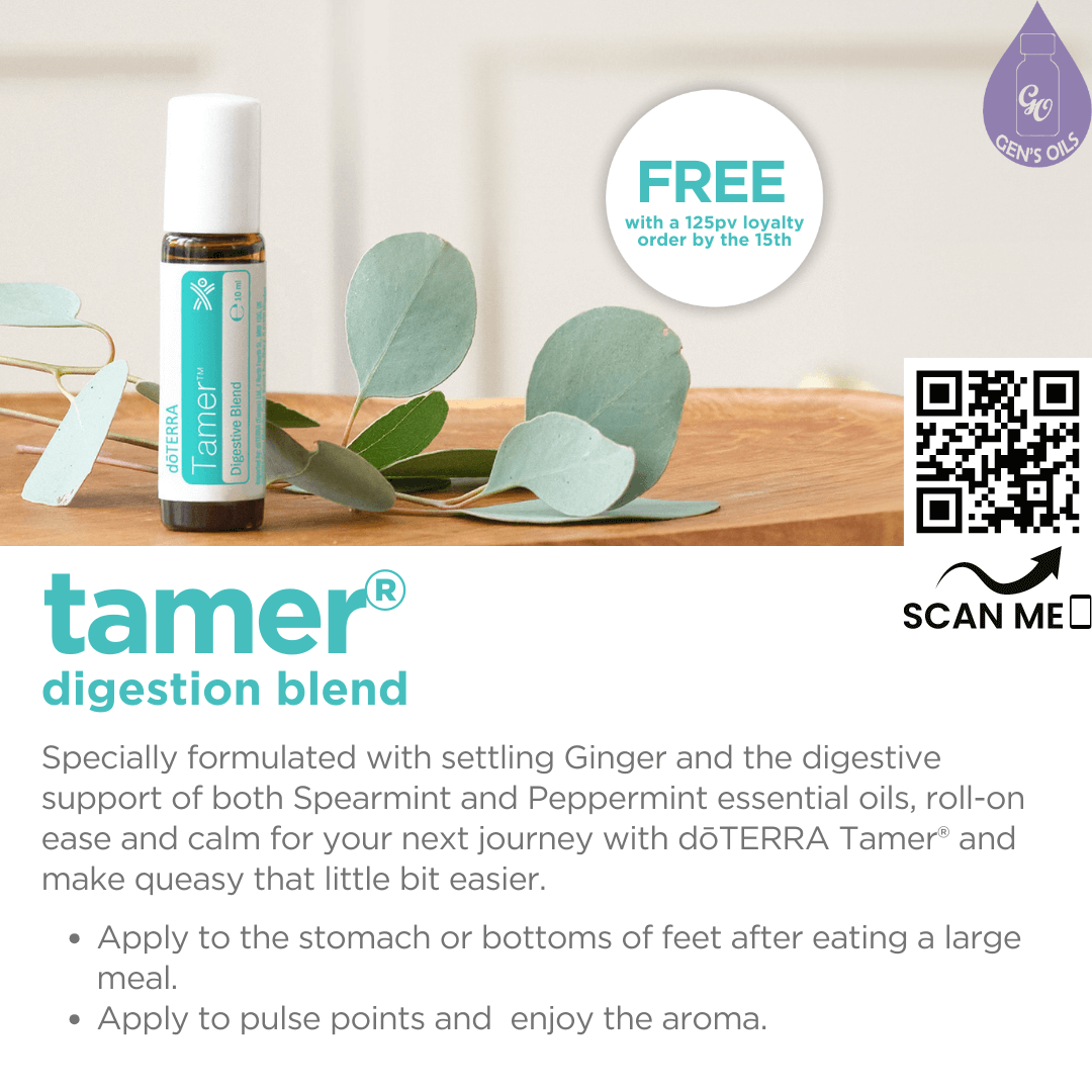 Tamer Digestive Blend. The QR code opens a link to purchase Tamer