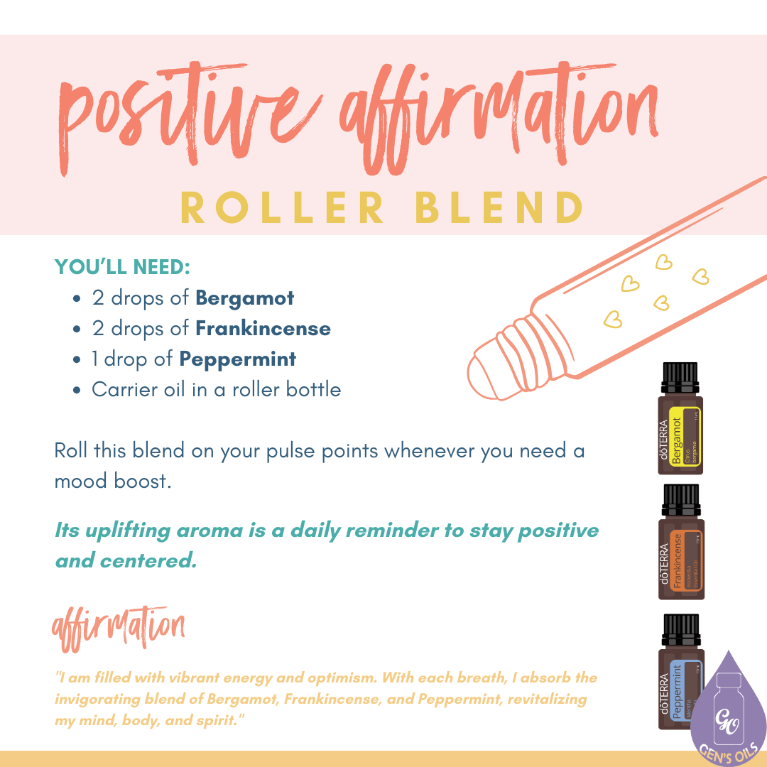 Positive Affirmation Roller Blend with bottles of Bergamot, Frankincense & Peppermint oils