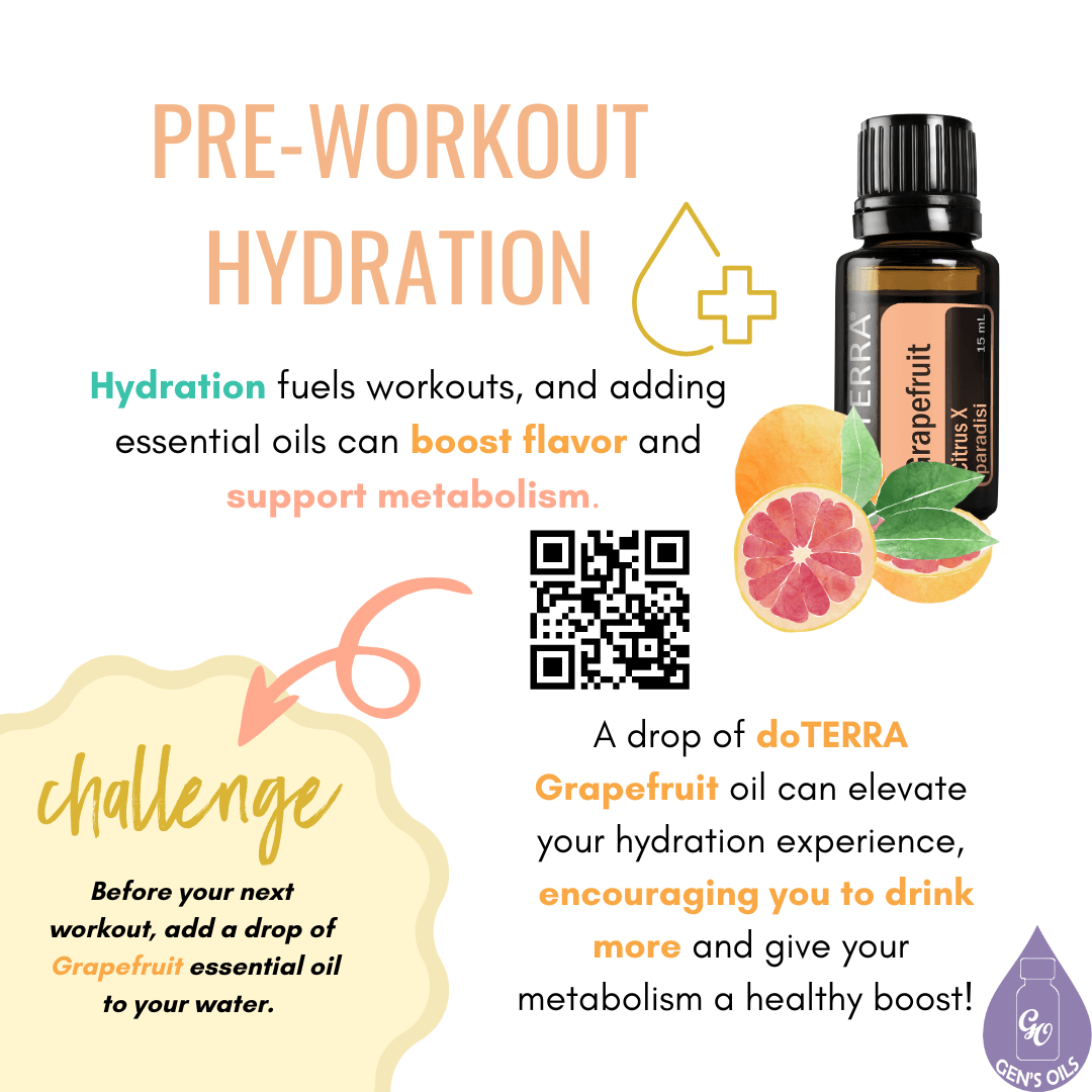 Pre-Workout Hydration with a bottle of Grapefruit essential oil. The QR code opens a link to purchase Grapefruit oil.