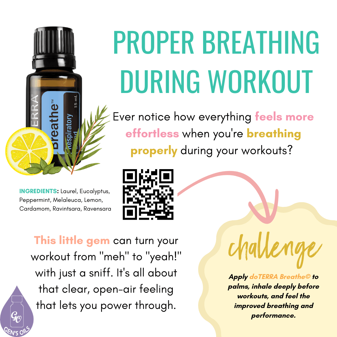 Propper Breathing During Workout with a bottle of Easy Air essential oil. The QR code opens a link to purchase a range of Easy Air products.