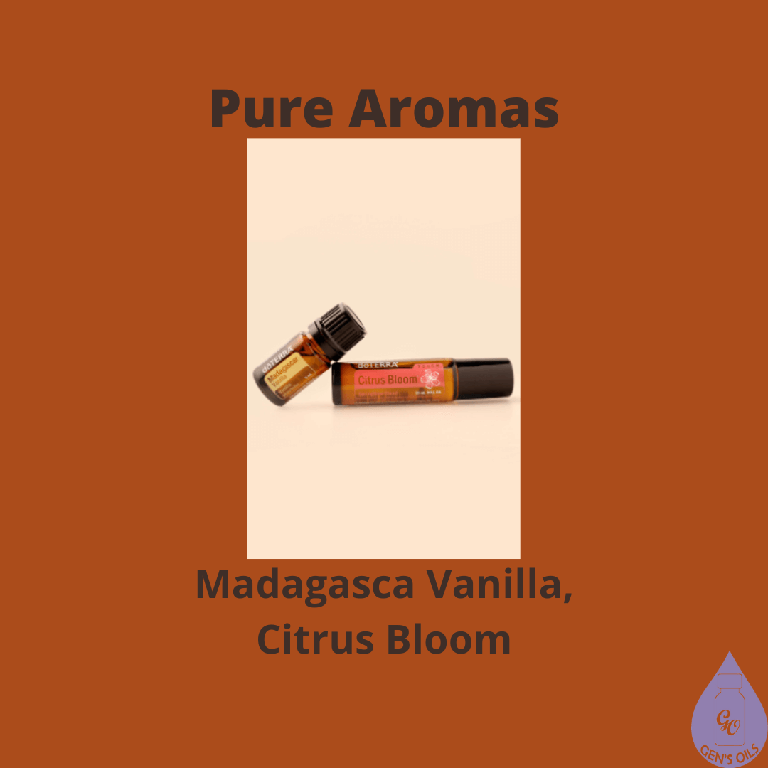 Pure Aromas with a bottle each of Madagasca Vanilla & Citrus Bloom essential oils.