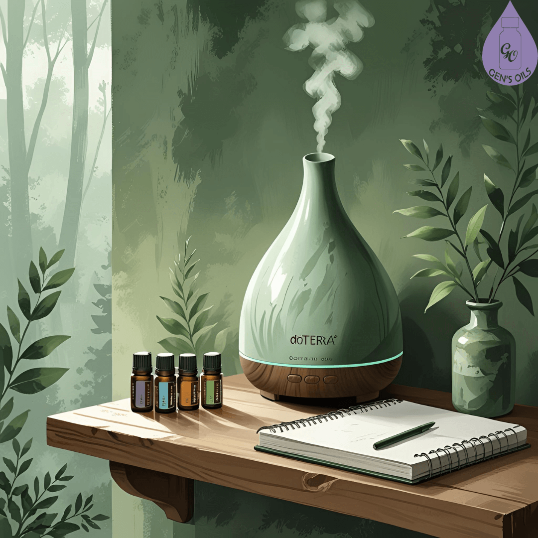 A diffuser on a wooden shelf with forest-inspired oils beside a journal.