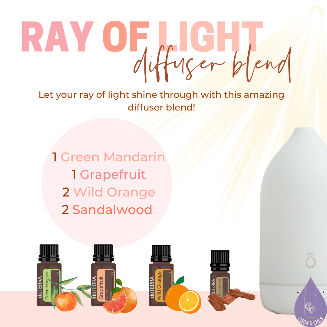 Ray of Light diffuser blend. 1 drop Green Mandarin, 1 drop Grapefruit, 2 drops Wild Orange, 2 drops Sandalwood