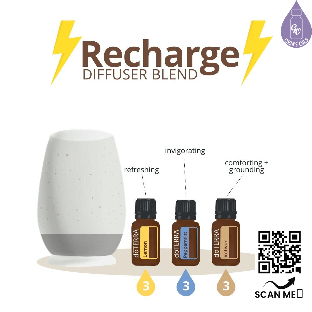 A diffuser with bottles of Lemon, Peppermint & Vetiver essential oils. Scan the QR code to purchase these oils.