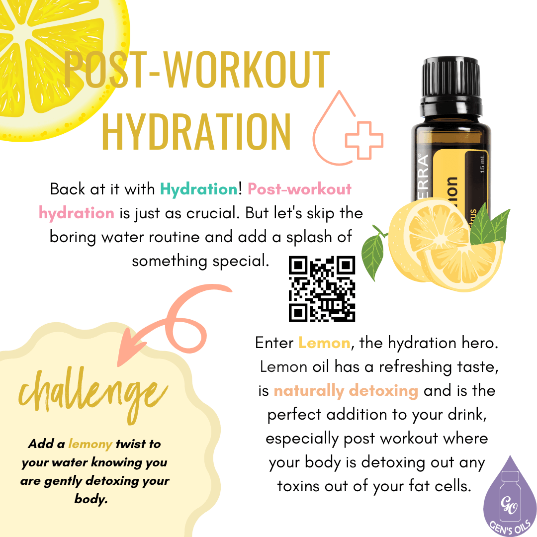 Post-Workout Hydration with a bottle of Lemon essential oil. The QR code opens a link to purchase Lemon oil.