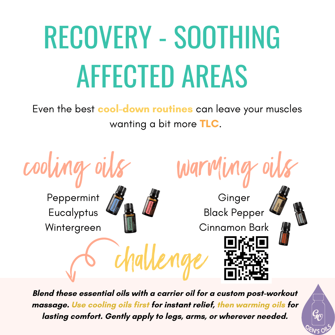 Recovery - Soothing Affected Areas with bottles of Cooling & Warming oils. The QR code opens a link to purchase these oils with a carrier oil.