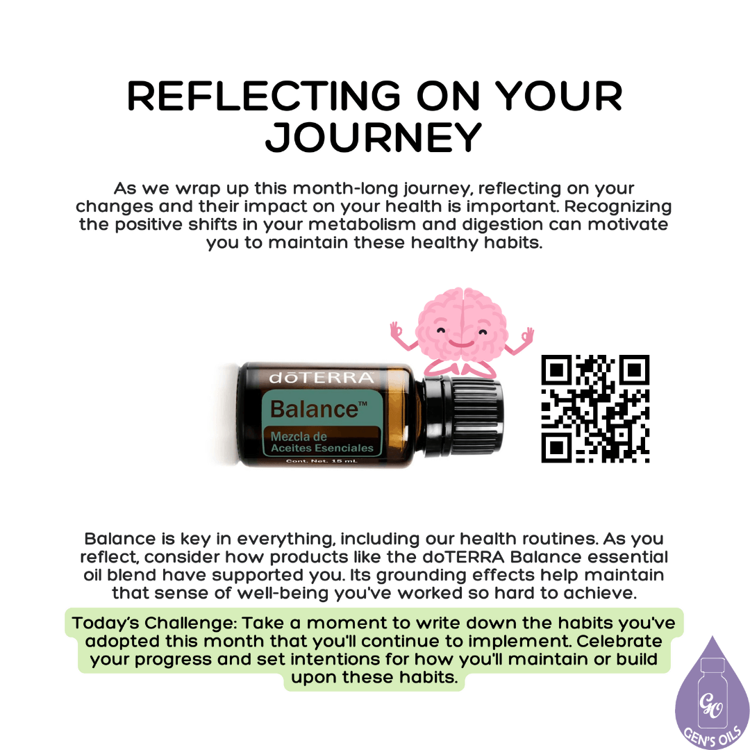 Reflecting on Your Journey with a bottle of Balance essential oil. The QR code opens a link to purchase Balance oil