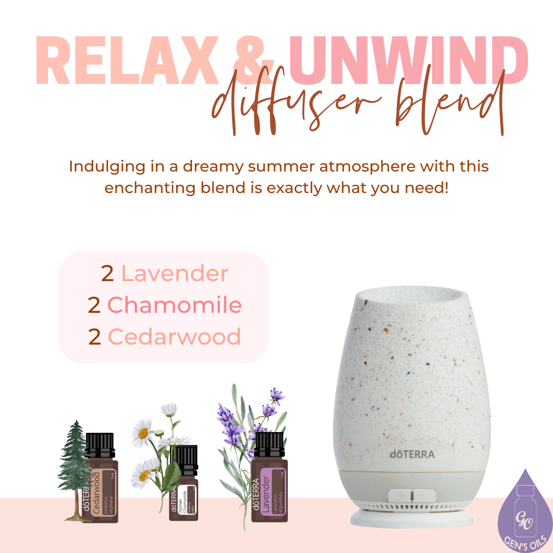 Relax & Unwind Diffuser blend. 2 drops Lavender, 2 drops Roman Chamomile, 2 drops Cedarwood