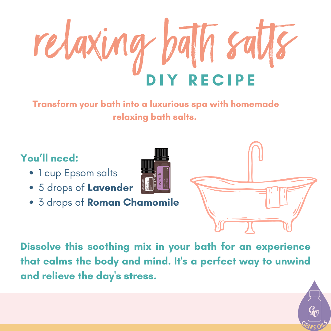 Relaxing bath salts recipe with a bottle of Lavender & Roman Chamomile oils.
