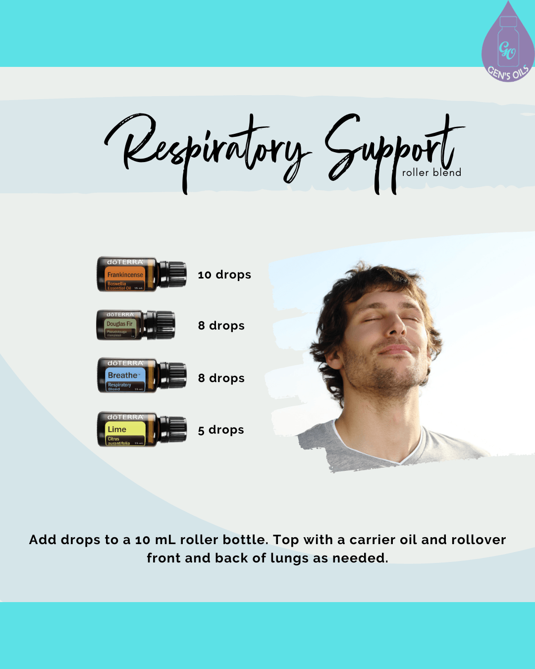 Respiratory Support roller blend recipe. A man inhales deeply with his eyes closed.