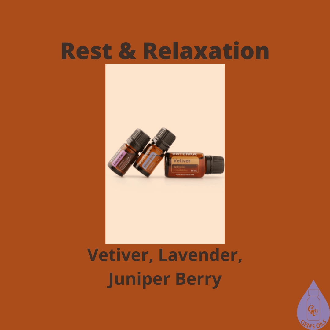 Rest & Relaxation with a bottle each of Vetiver, Lavender & Juniper Berry essential oils.