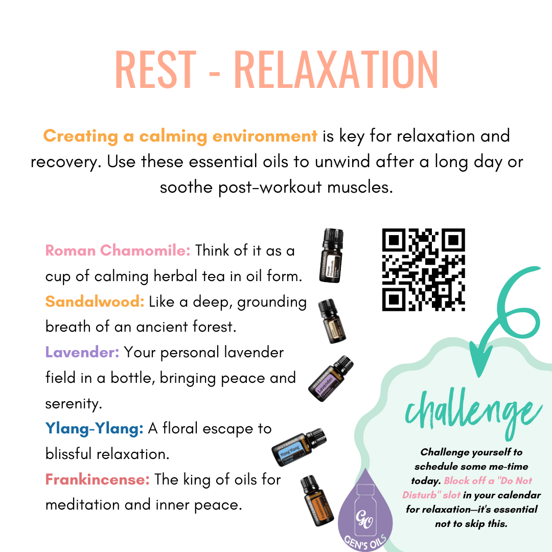 Rest: Relaxation. The QR code opens a link to purchase the oils in this post.