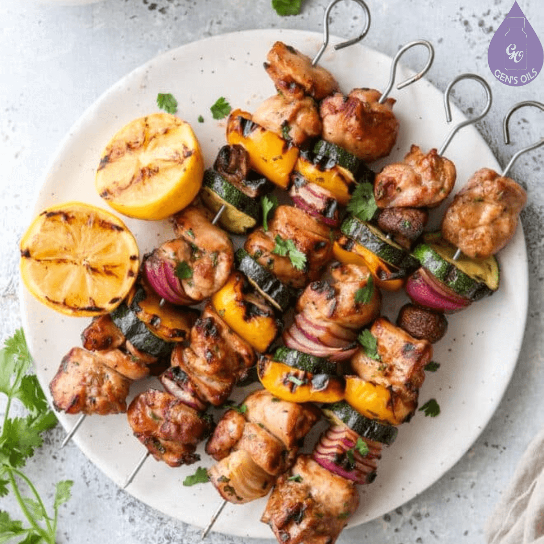 Grilled chicken kebabs on a white plate with lemon wedges.