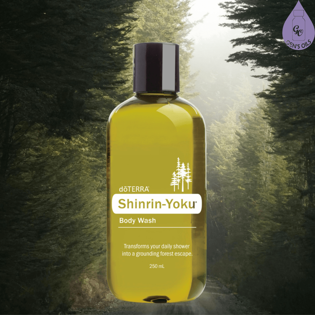 A bottle of Shinrin-Yoku body wash against a forest background.