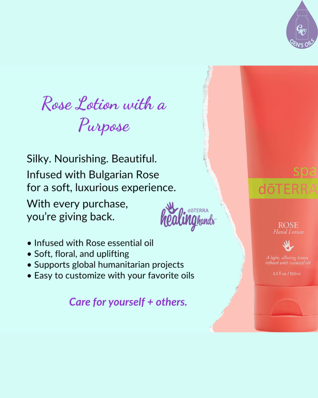 dōTERRA Rose Hand Lotion, highlighting its silky, nourishing qualities, infusion with Bulgarian Rose, and support for humanitarian projects. The text reads "Rose Lotion with a Purpose" and "Care for yourself + others."