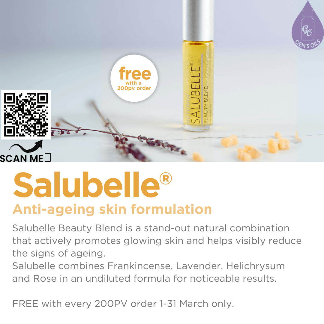 Salubelle anti-aging skin formulation, free with every 200PV order for the month of March. The QR code opens a link to contact me & learn how you can earn FREE oils.