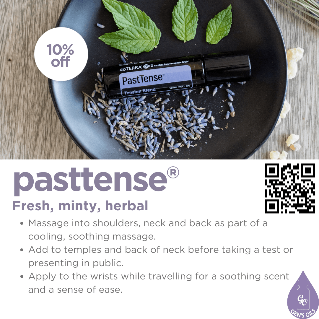 A bottle of PastTense sits in a bowl with sprigs of Lavender & a few leaves. The QR code opens a link to purchase PastTense
