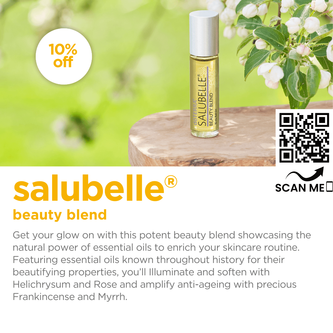 10% off Salubelle Beauty Blend. The QR code in the image opens a link to purchase Salubelle.