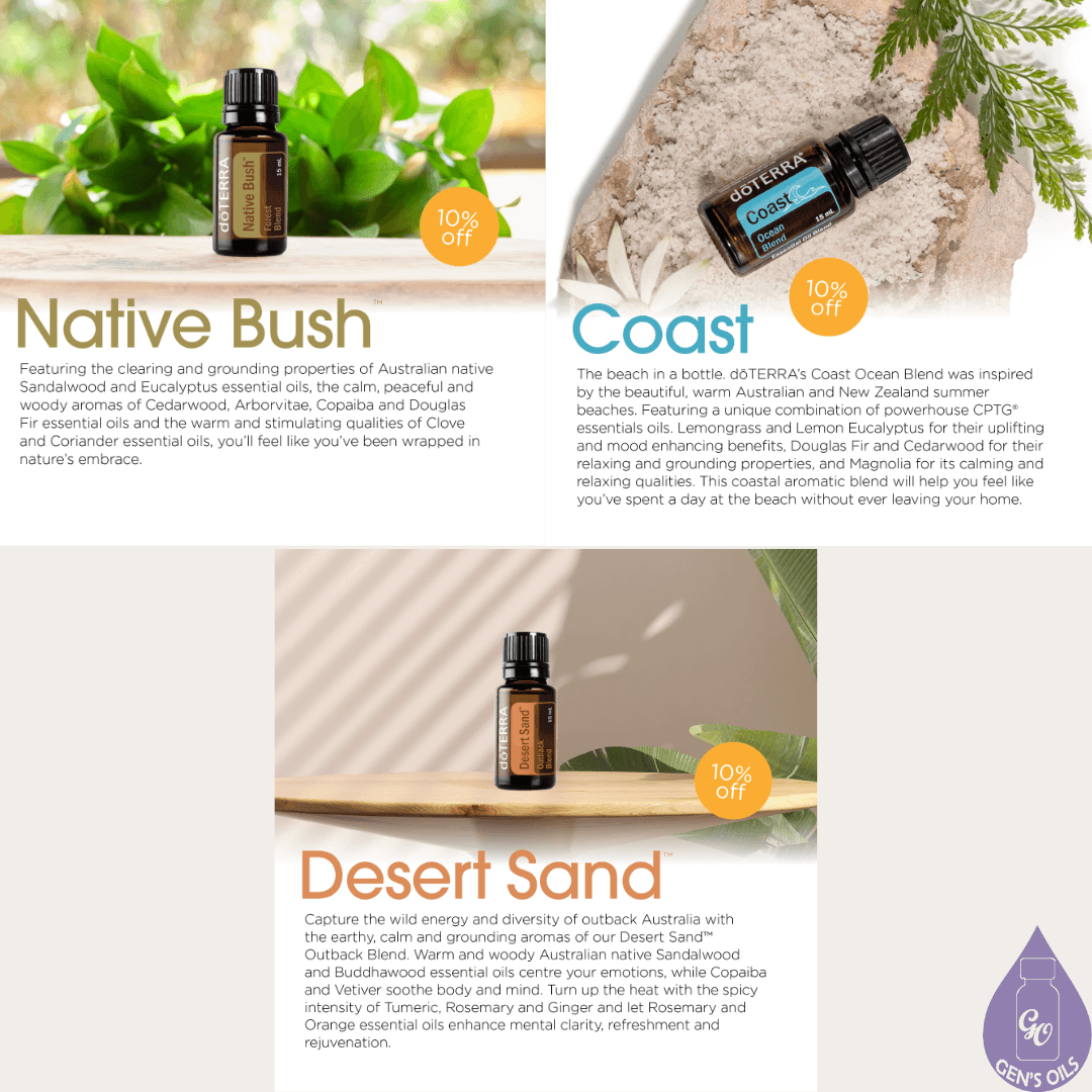 Native Bush, Coast & Desert Sand essential oils.