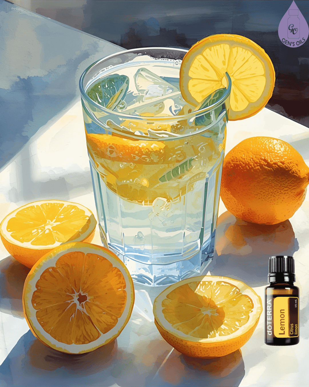A glass of water on a bench with lemon slices & a bottle of Lemon essential oil.