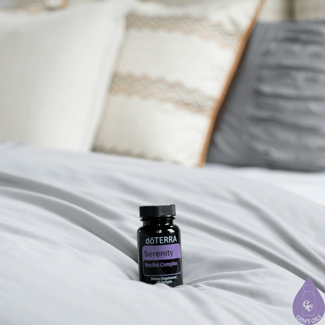  A bottle of Serenity Softgels on a bed