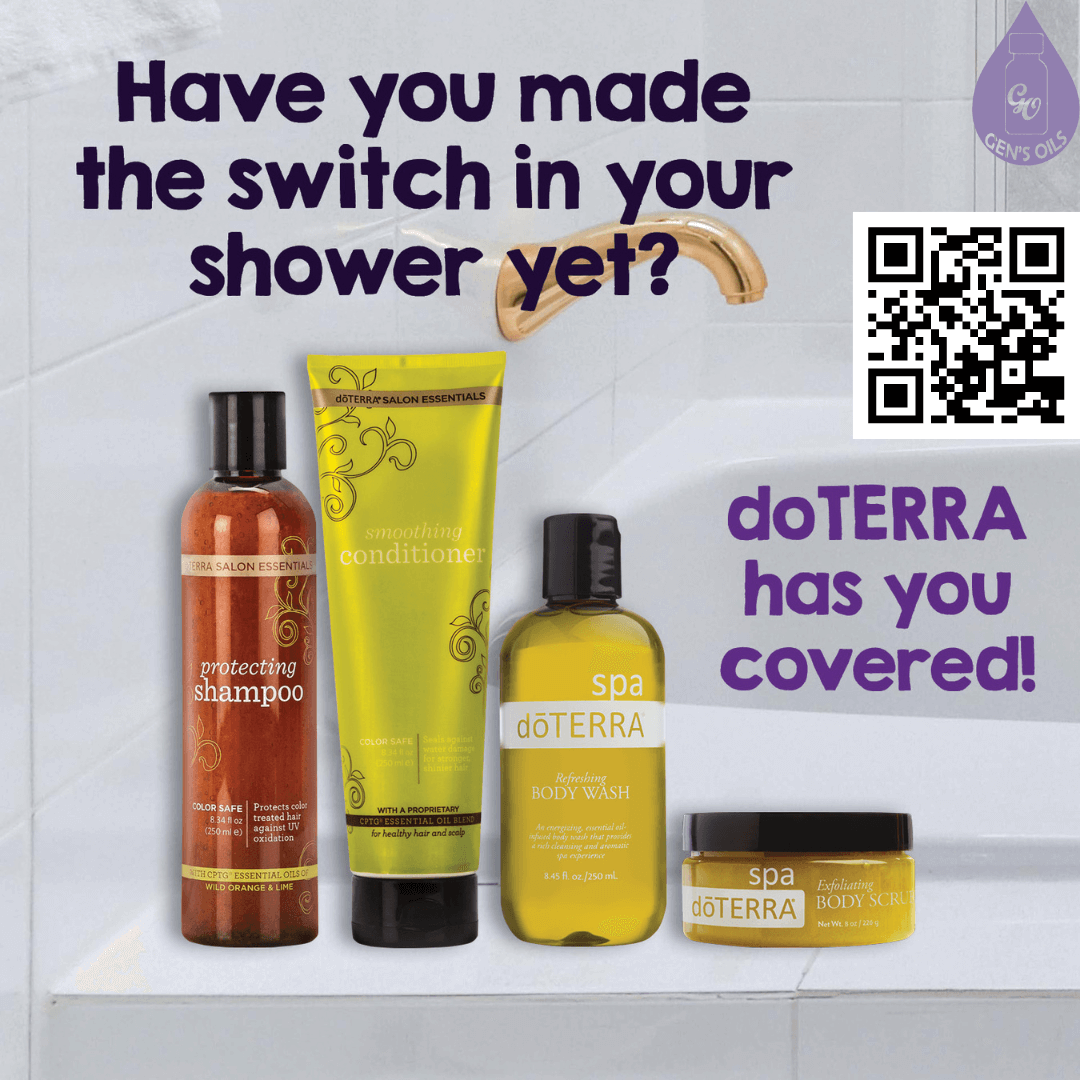 Have you made the switch in your shower yet? Bottles of shampoo, conditioner, body wash & scrub on a shelf. The QR code opens a link to purchase a Hair Care Bundle.