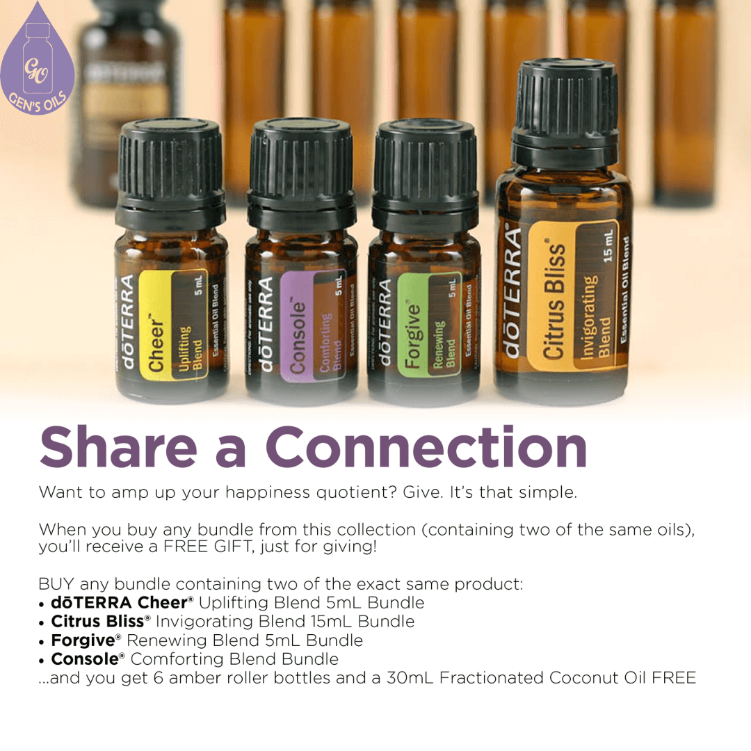 4 15mL bottles of essential oils in front, with 6 roller bottes & a 30mL Fractionated Coconut Oil behind.