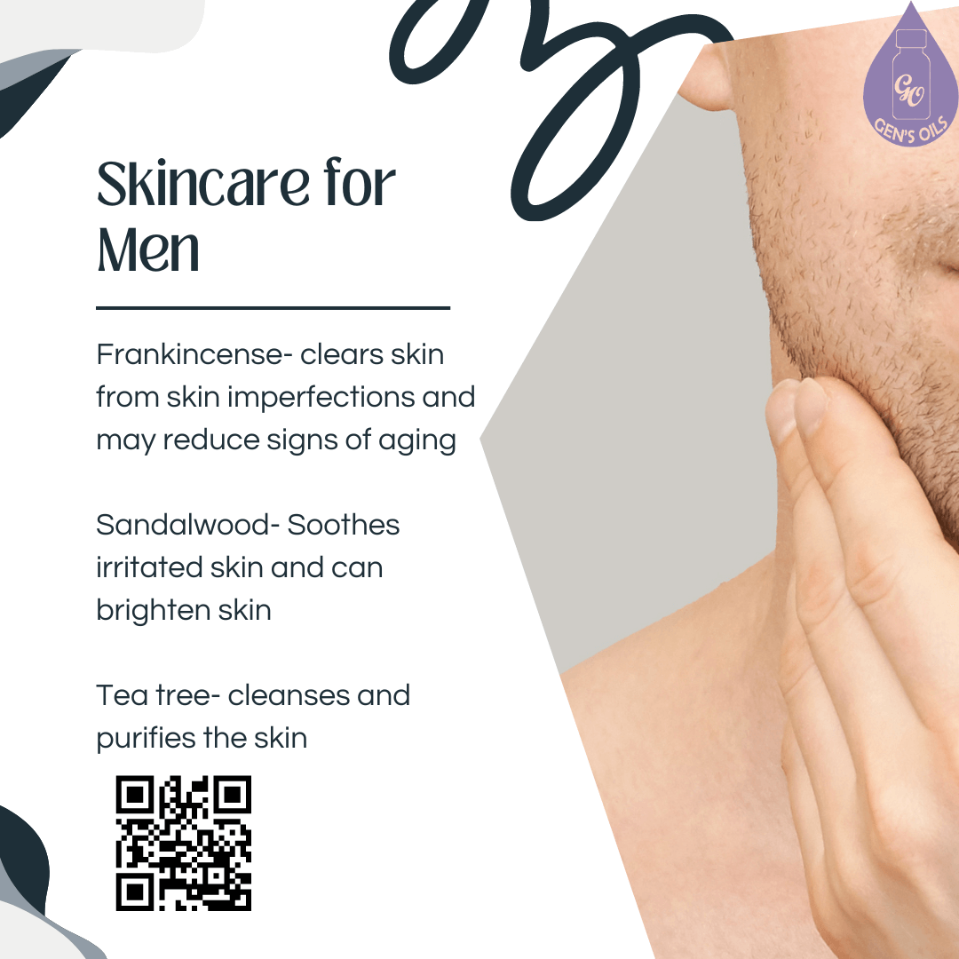 Skincare for Men with benefits of Frankincense, Sandalwood & Tea Tree essential oils. The QR code opens a link to purchase these.