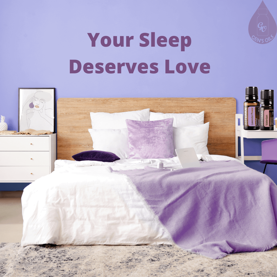 Your Sleep Deserves Love. A bedroom scene with a bottle of Lavender Peace & Valerian essential oils on a bedside table.