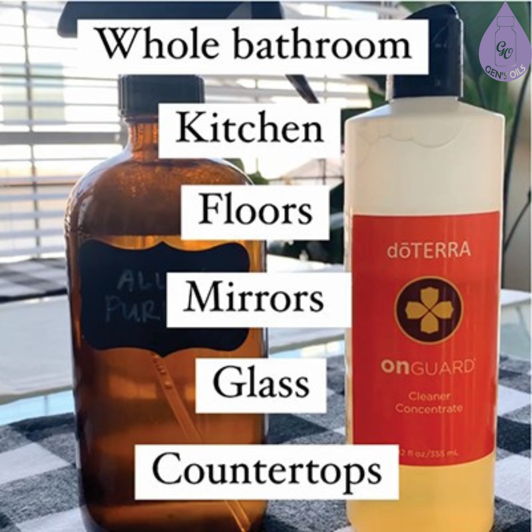 A bottle of On Guard Cleaner Concentrate with the words: Whole bathroom, Kitchen, Floors, Mirrors, Glass & Countertops over the top of the image, representing all the things you can clean with it.