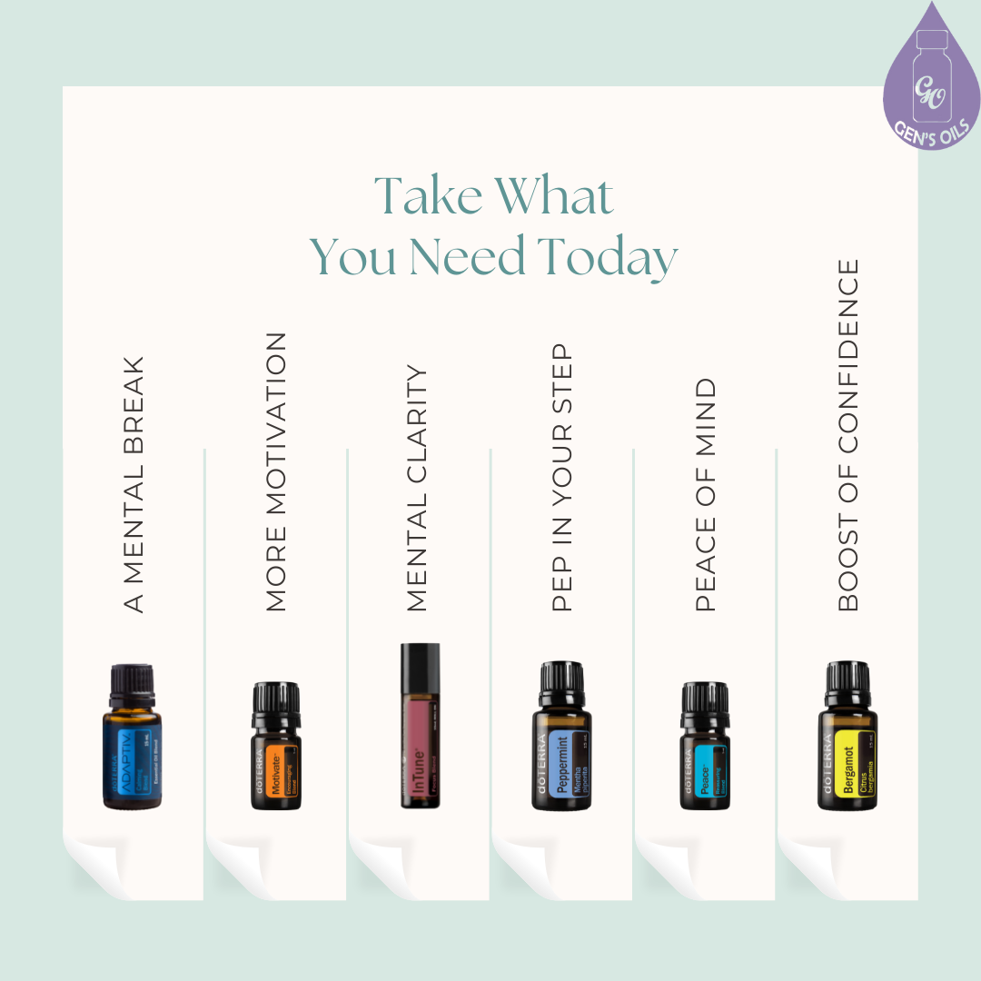There is a bottle of each oil mention in the post, with how it can help beside it.