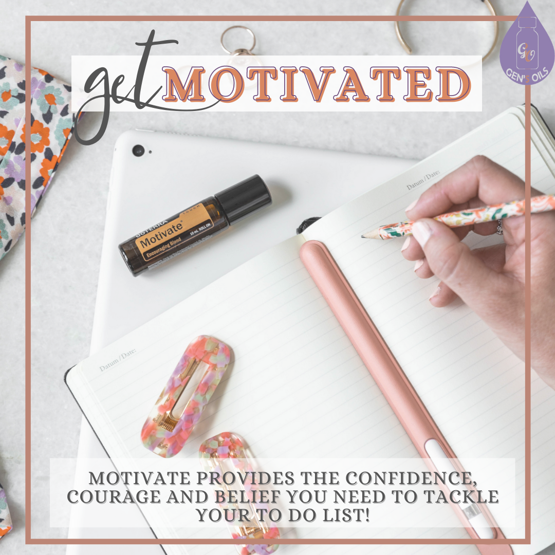 Get Motivated. A bottle of Motivate Touch on a desk with a notbook. A hand holds a pencil about to write in the notebook.