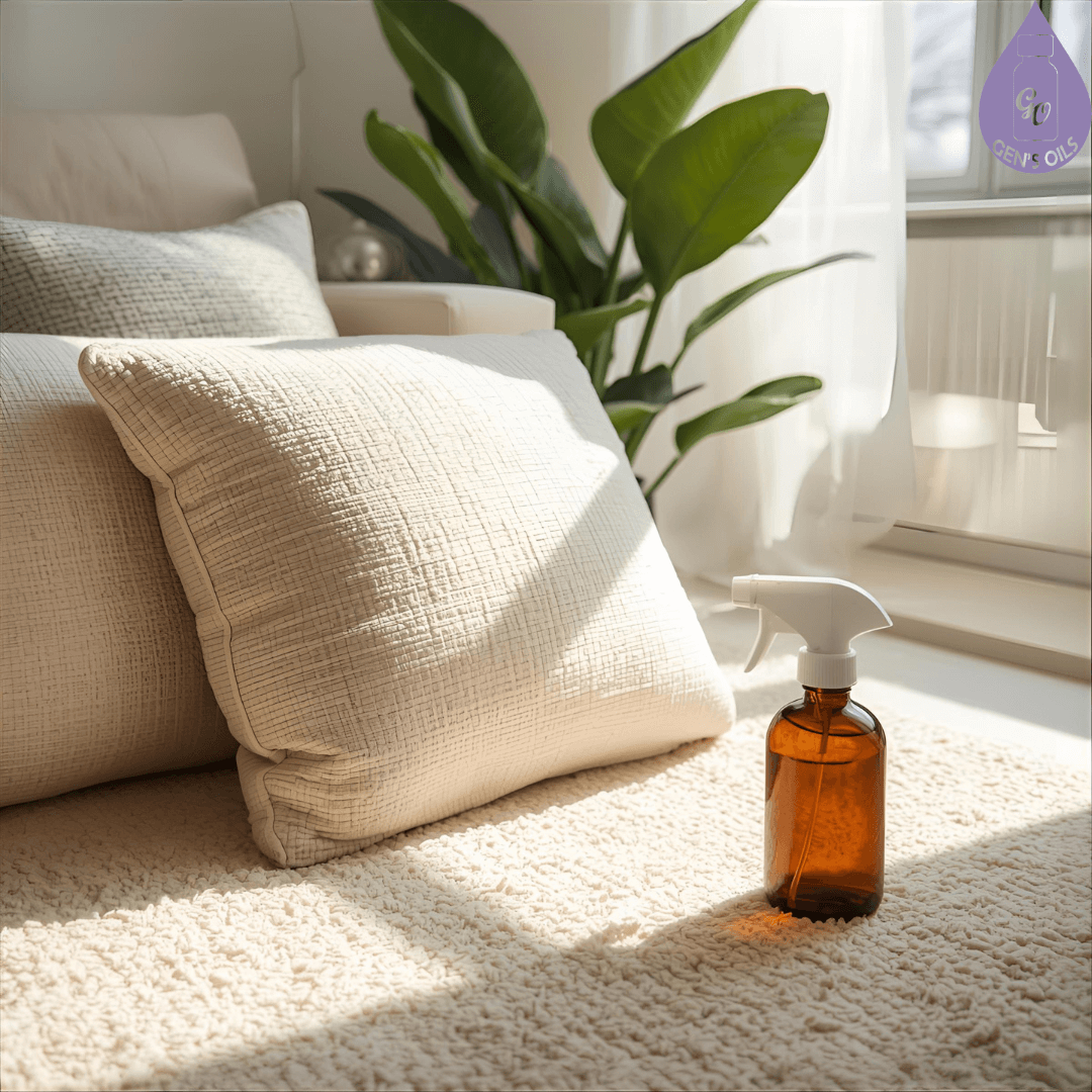 Cushions on the carpet with a bottle of  Fabric Mist.