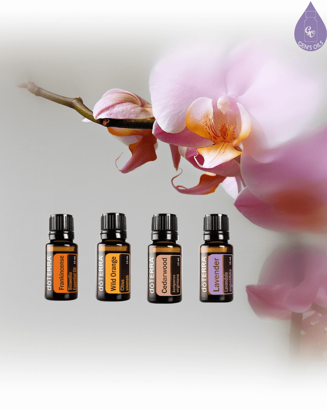 Close-up of a pale pink orchid with orange details, set against a soft, neutral background with bottles of Frankincense, Wild Orange, Cedarwood & Lavender essential oils.