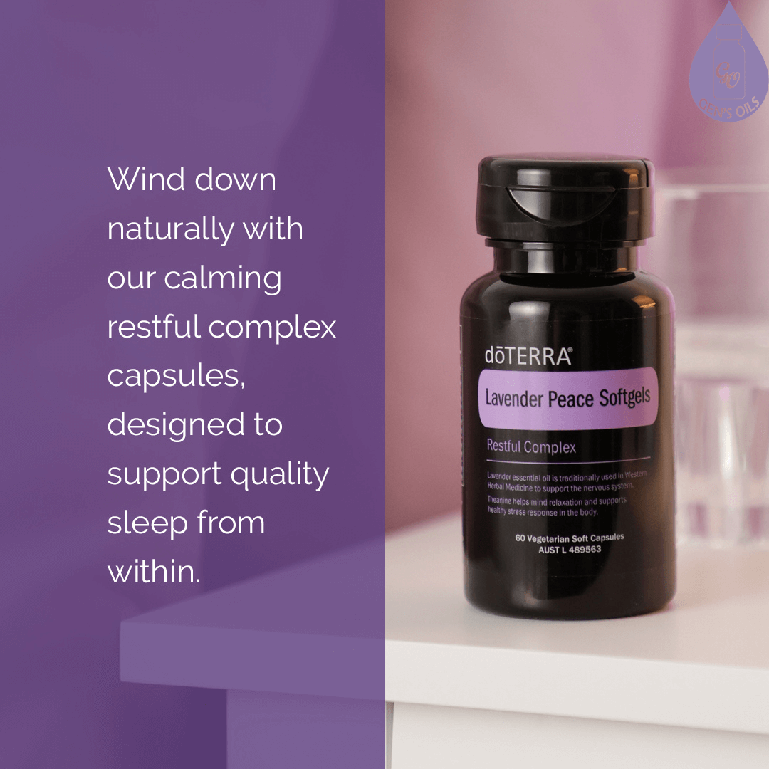 A bottle of Lavender Peace Softgels on a table. Text overlay reads: Wind down naturally with our calming, restful complex capsules, designed to support quality sleep from within.