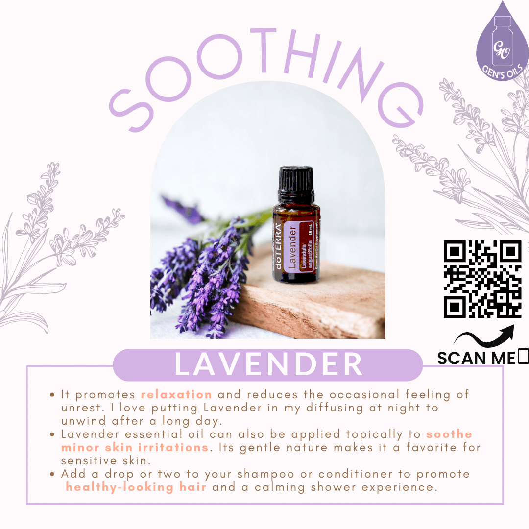 A bottle of Lavender oil beside a sprig of Lavender. Below are listed some benefits of Lavender. The QR code opens a link to purchase Lavender essential oil.