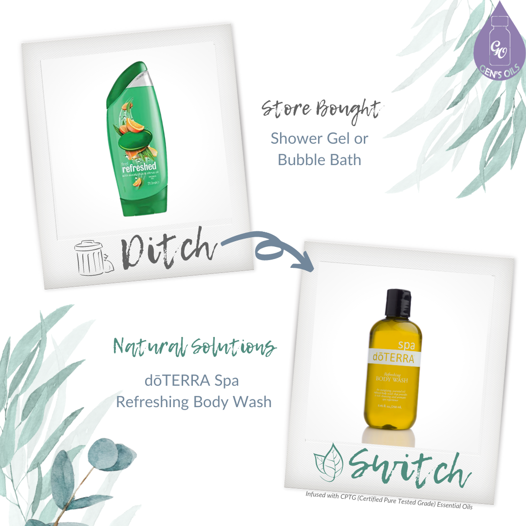 Store bought body wash with the word Ditch. An arrow points to doTERRA Body Wash with the word Switch.