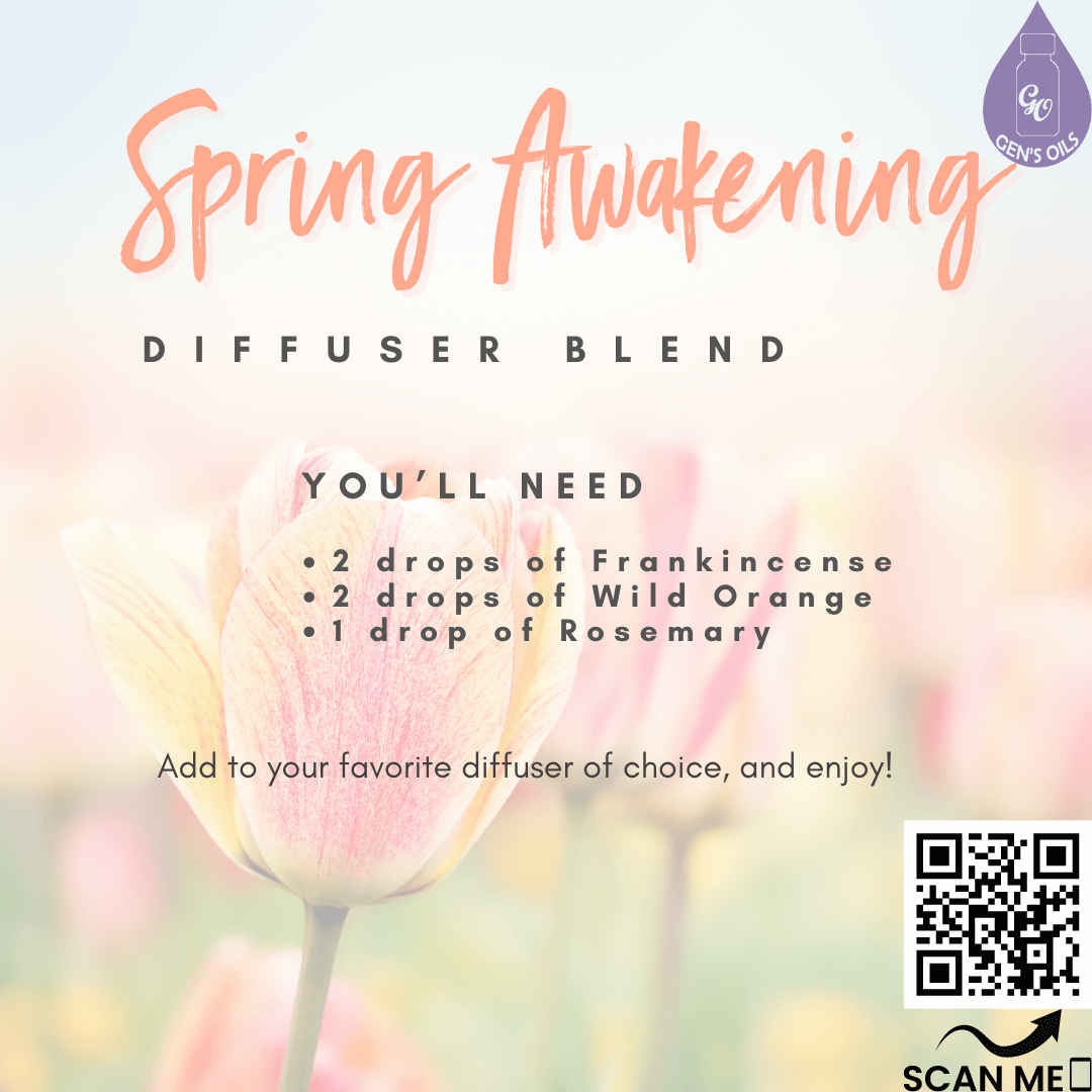 Spring Awakening Diffuser Blend recipe. Scan the QR code to purchase the oils used.