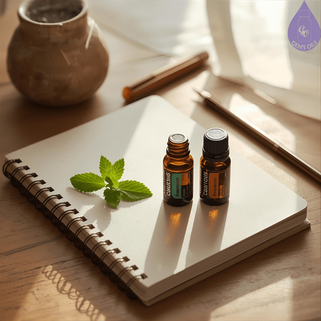 Essential oils sitting on a journal with a sprig of greenery.