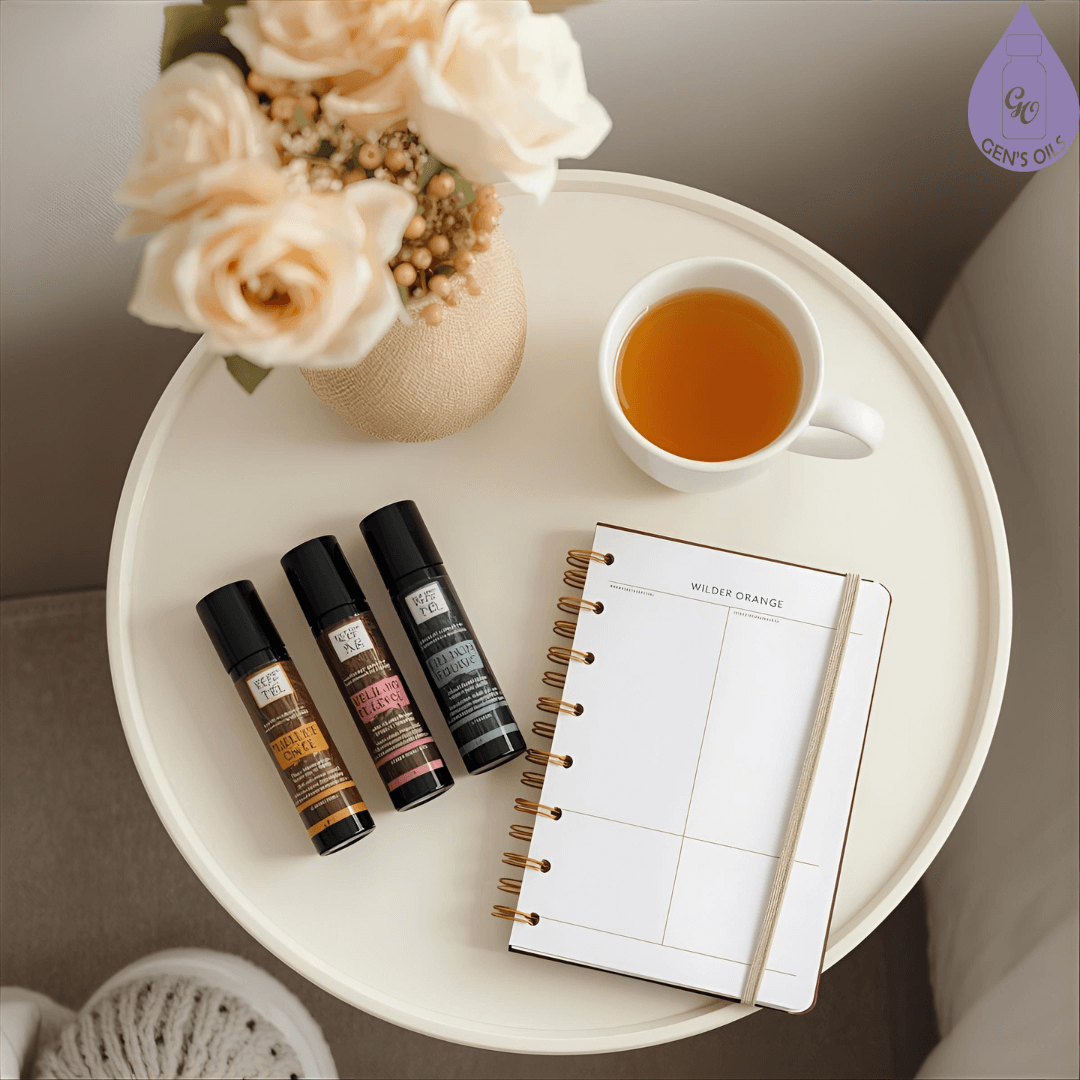 Roller blends & flowers on a bedside table with a planner & herbal tea.