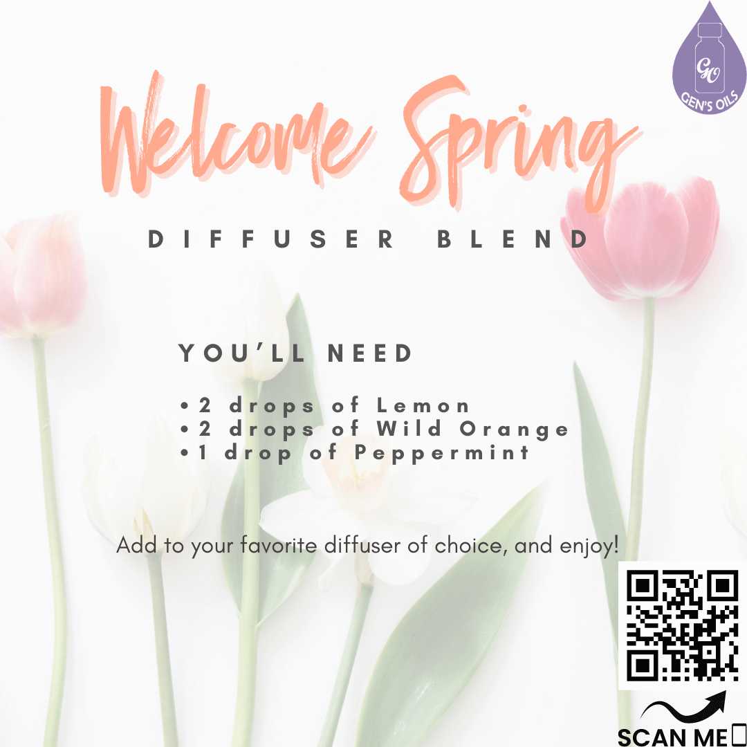 Spring Diffuser Blend recipe. The QR code opens a link to purchase the oils.